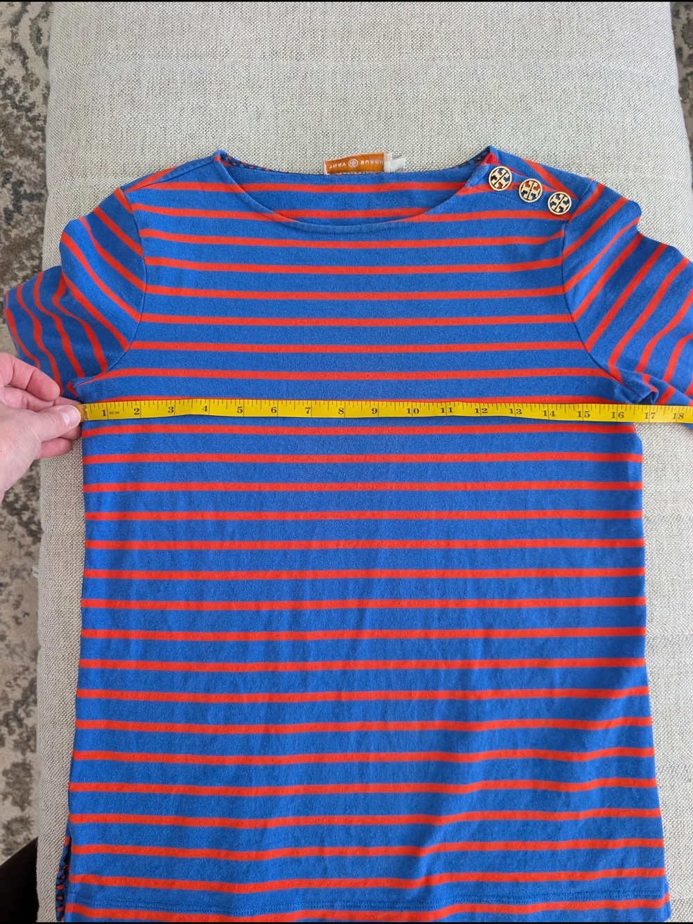 ​Tory Burch Striped Boatneck Long Sleeve Top Gold Logo Shoulder Buttons Size XS